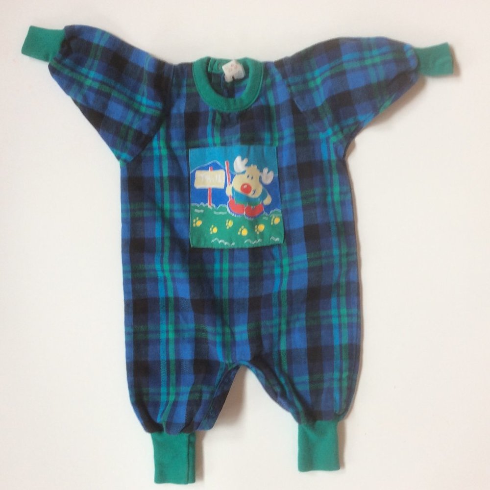 Buster Brown Vintage Plaid Flannel Jogger 1-Piece Moose Size 3-6 Months